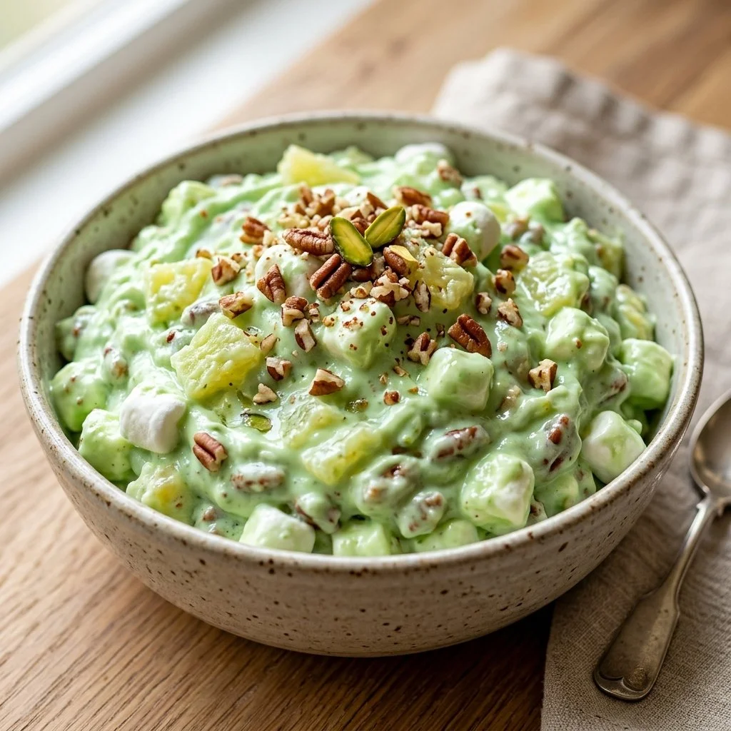 Bowl of Watergate Salad with pistachio pudding, marshmallows, and whipped cream