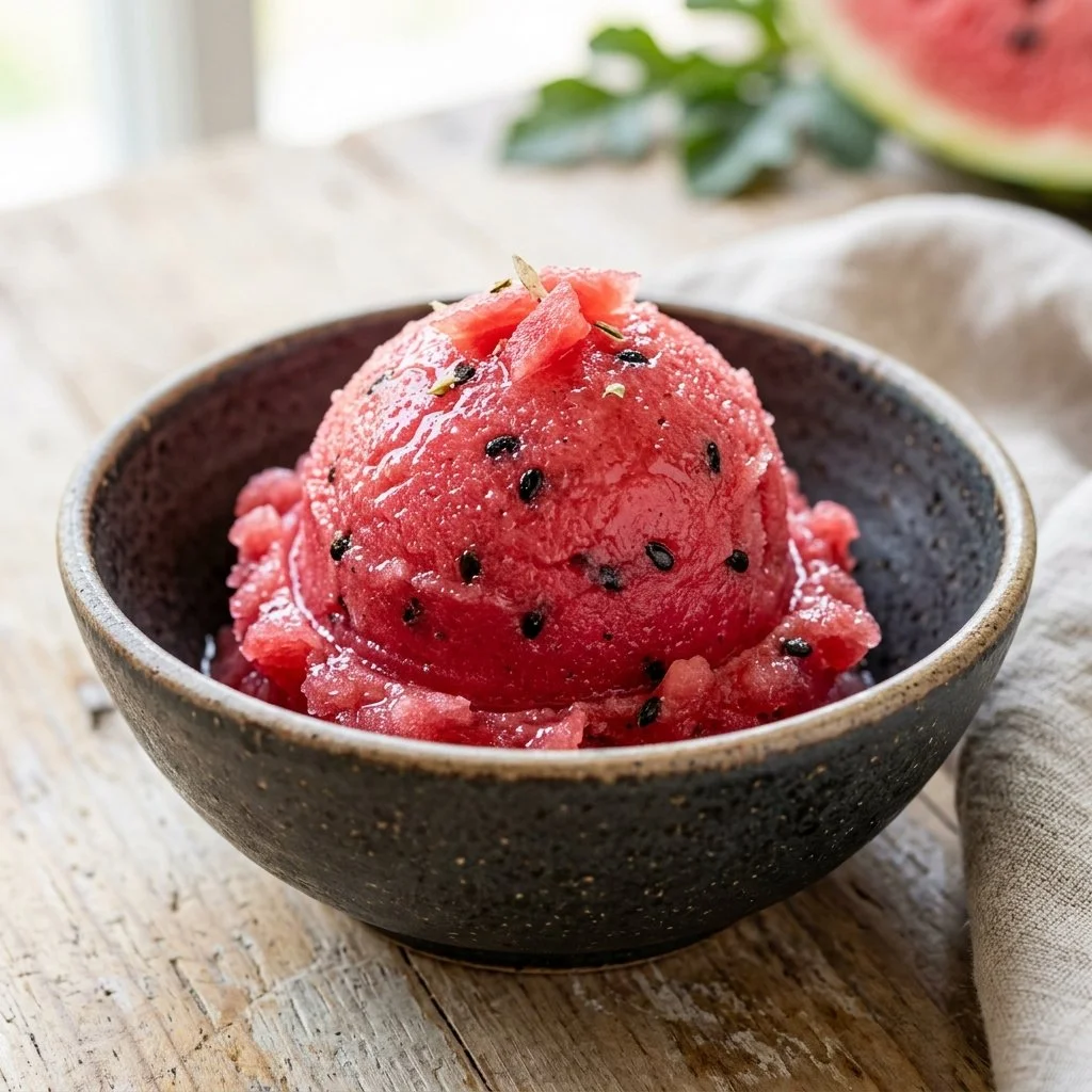 A bowl of homemade watermelon sorbet, a refreshing summer dessert.