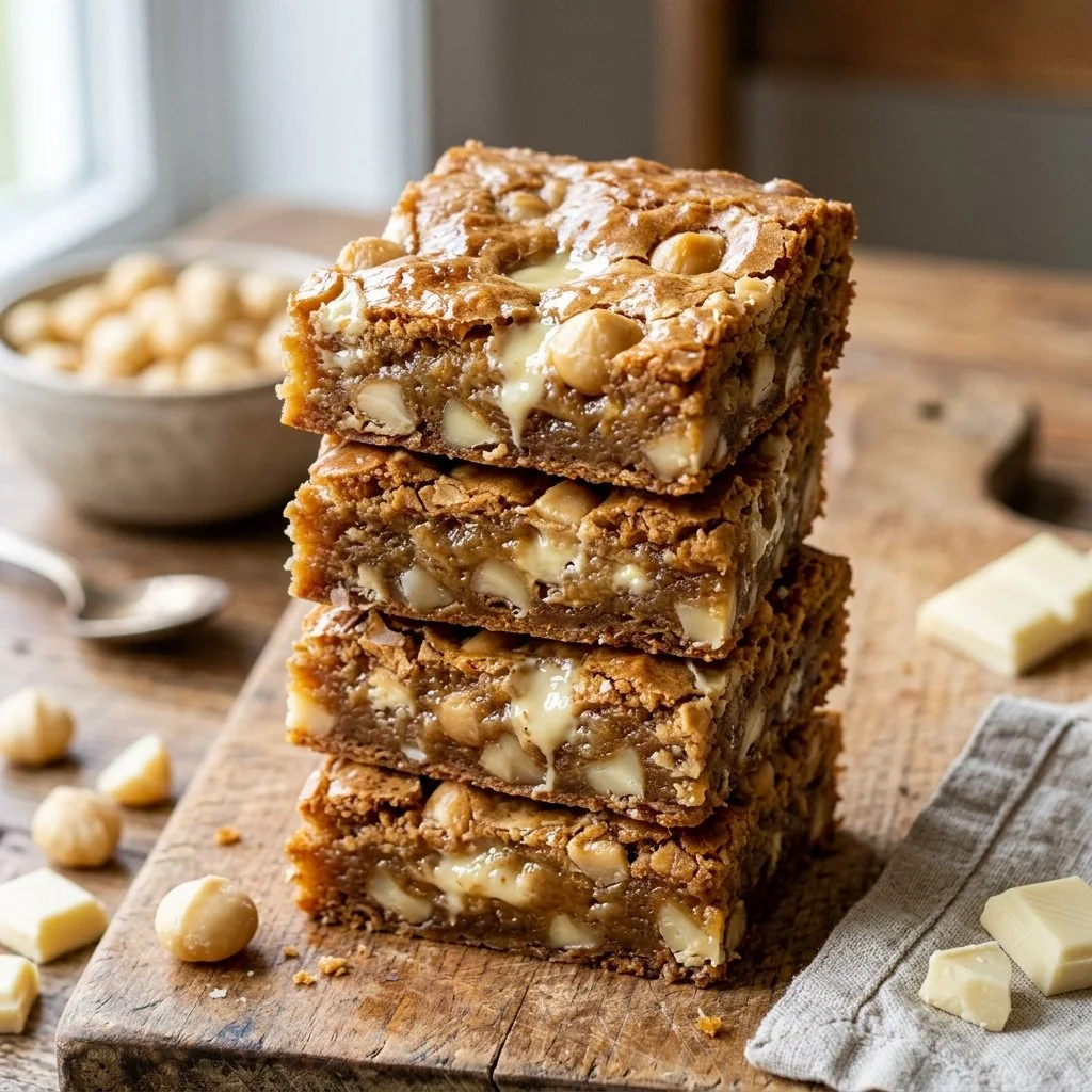 Delicious white chocolate macadamia nut blondies on a plate