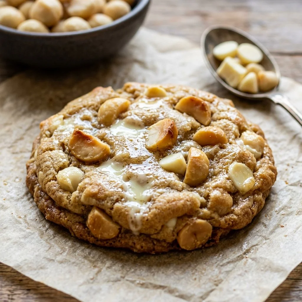Freshly baked White Chocolate Macadamia Nut Cookies on a cooling rack.
