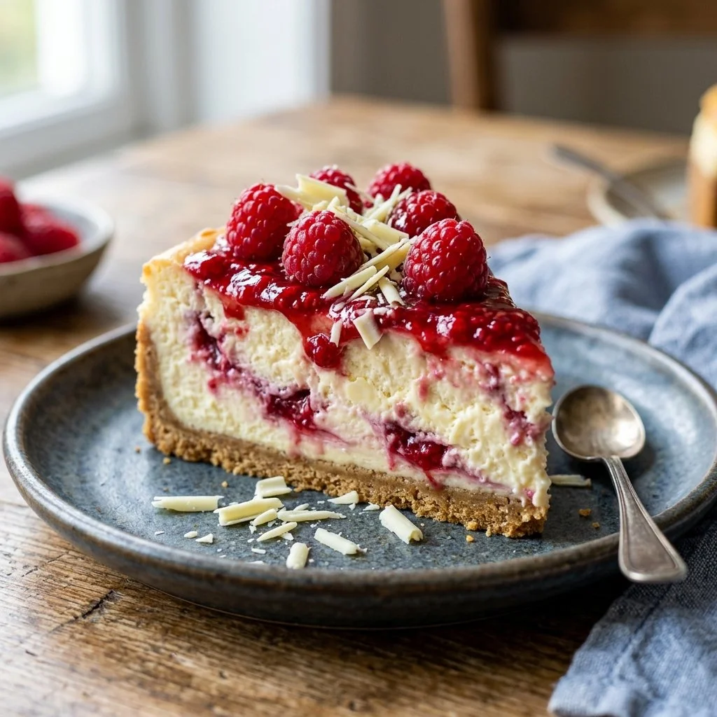 Delicious slice of white chocolate raspberry cheesecake with fresh raspberries on top.