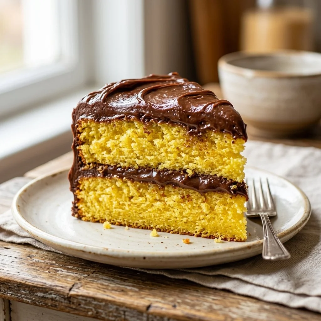 Delicious yellow cake with chocolate frosting on top, perfect for celebrations.