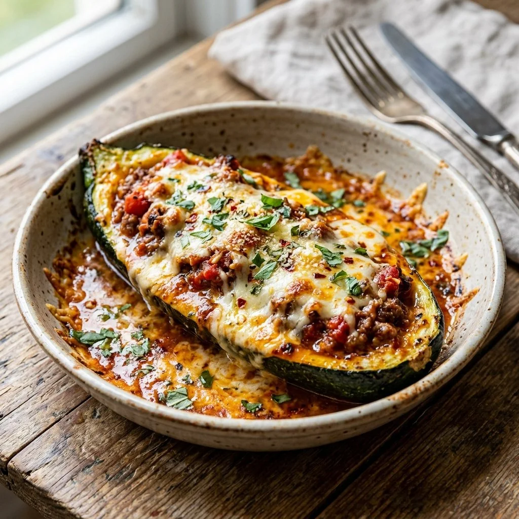 Delicious Zucchini Boat Lasagna topped with cheese and herbs