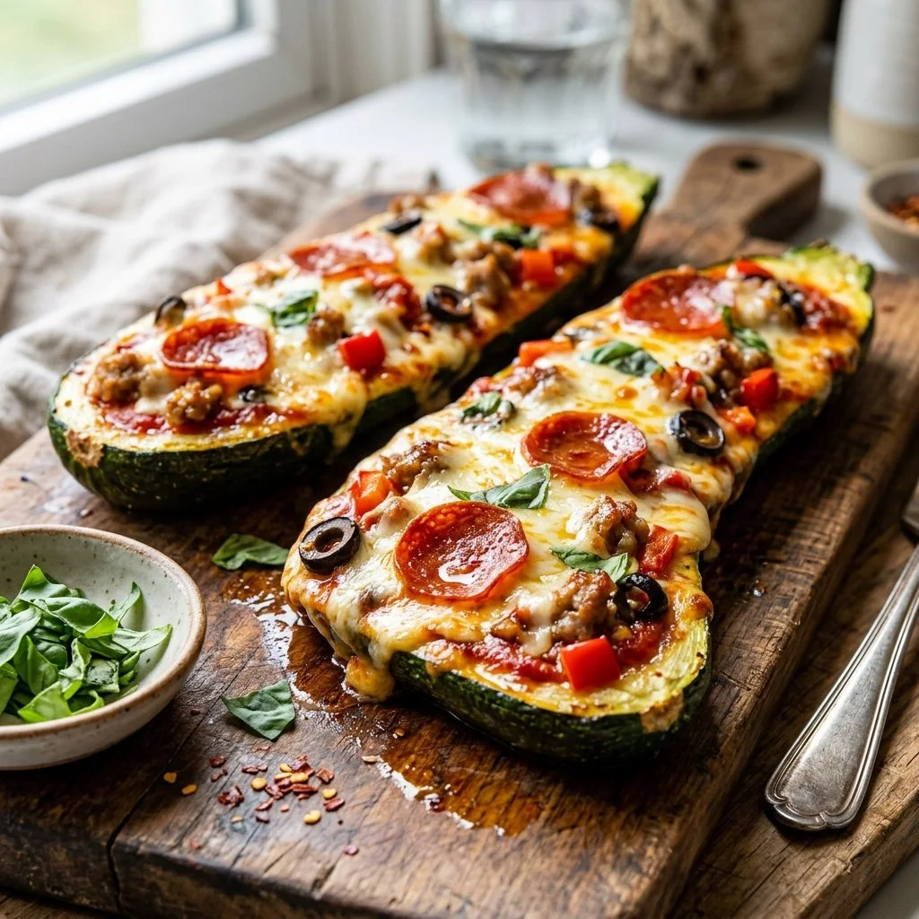 Zucchini boat pizza topped with cheese, pepperoni, and fresh vegetables.