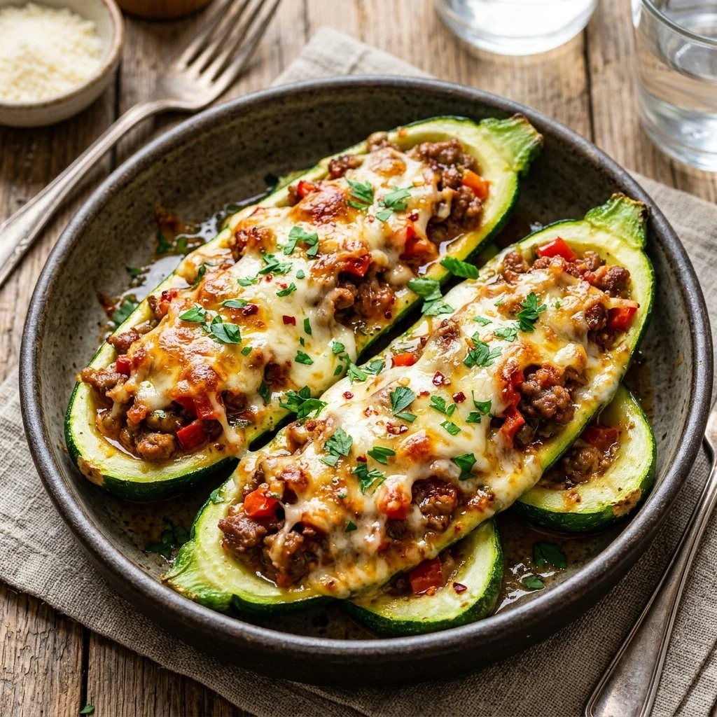 Delicious zucchini boats filled with cheese, vegetables, and herbs for a healthy meal.