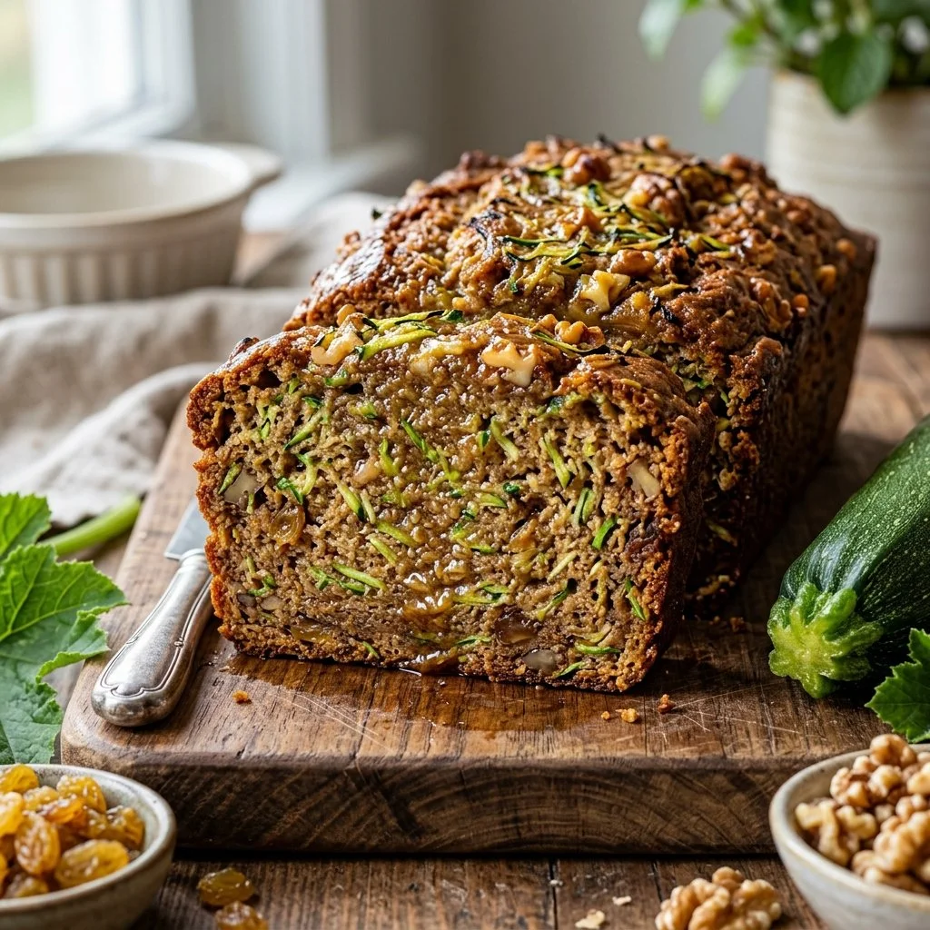 Delicious homemade zucchini bread with fresh zucchini slices on display.