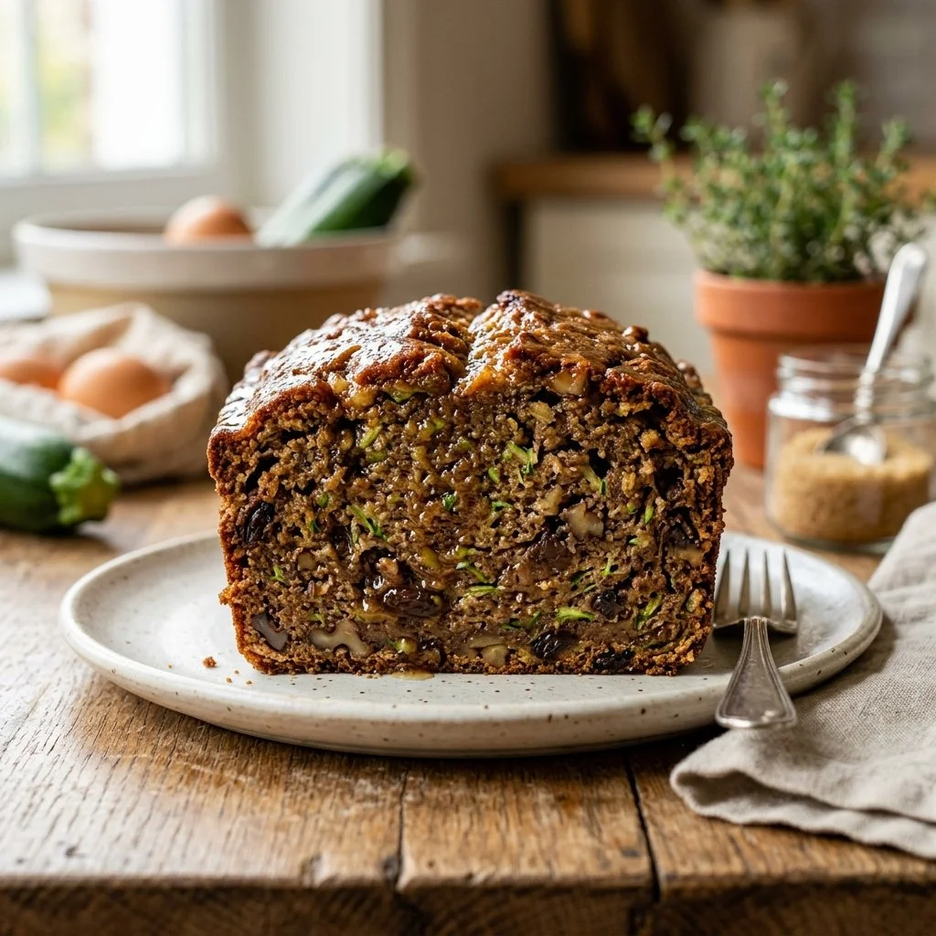 Homemade zucchini bread sliced and served on a wooden board