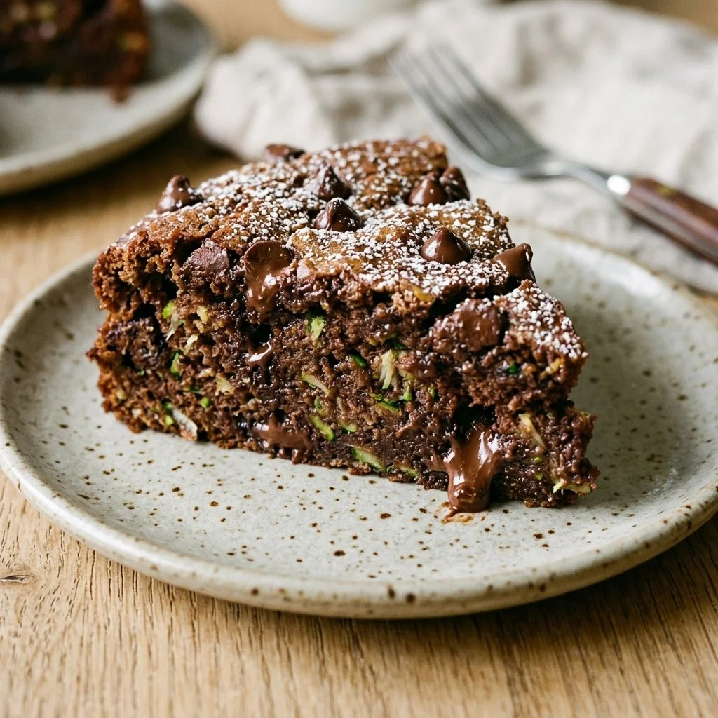 Delicious Zucchini Chocolate Chip Cake garnished with chocolate chips
