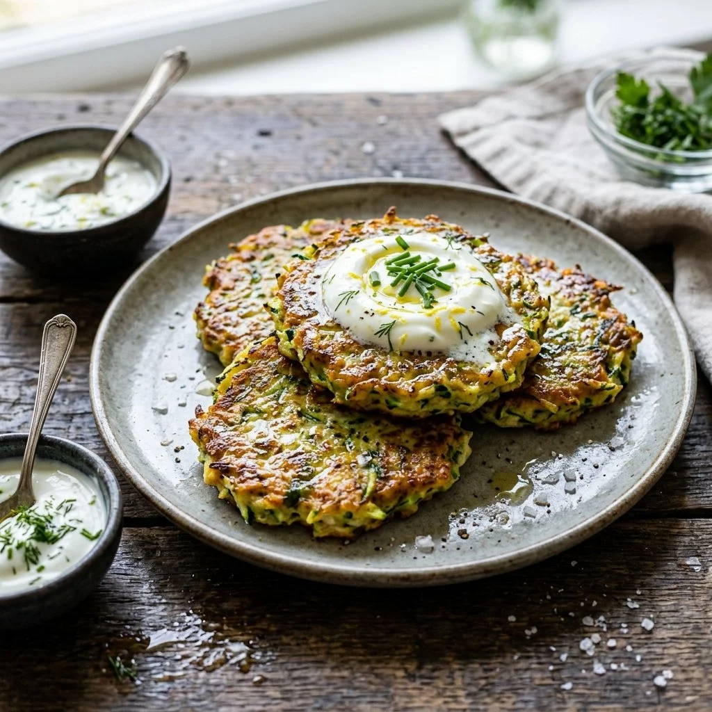 Crispy zucchini fritters served on a plate with dipping sauce